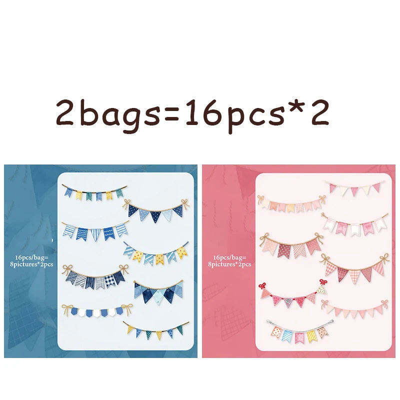 Colorful Bunting Decor Stickers, Retro Party Style for Junk Journal & Polaroid Decoration，Back to School Essentials Qme 2 bags-A
