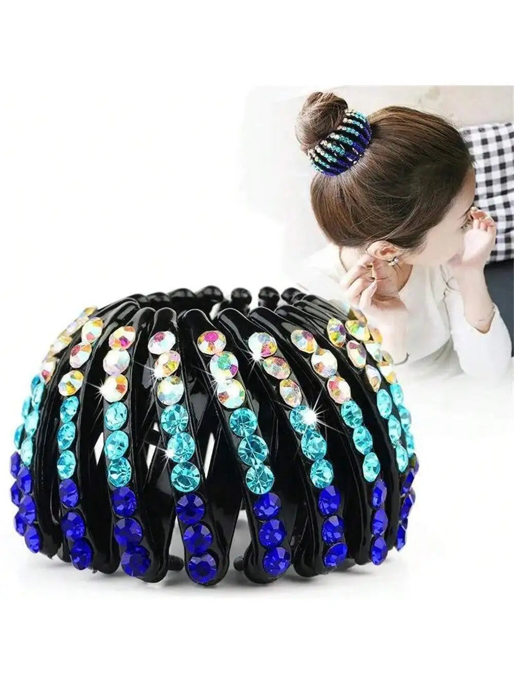 Tie Up Ponytail Bird's Nest Hair Loop Rhinestone Grabbing Clip Qme blue