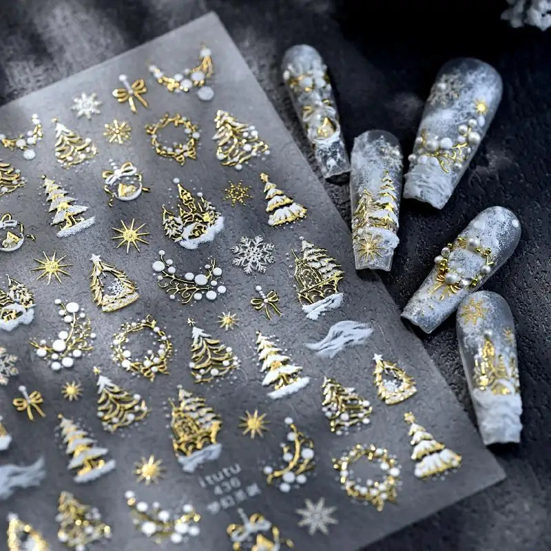 Christmas Embossed Nails Art Stickers Dreamy Castle Tree Snowflake Qme