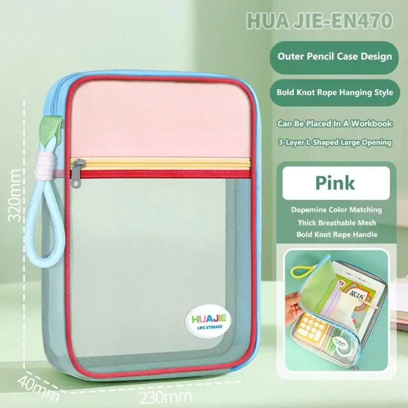 Student Handheld File Bag Dopamine Tote L-shaped Zipper Mesh Folder Qme A2