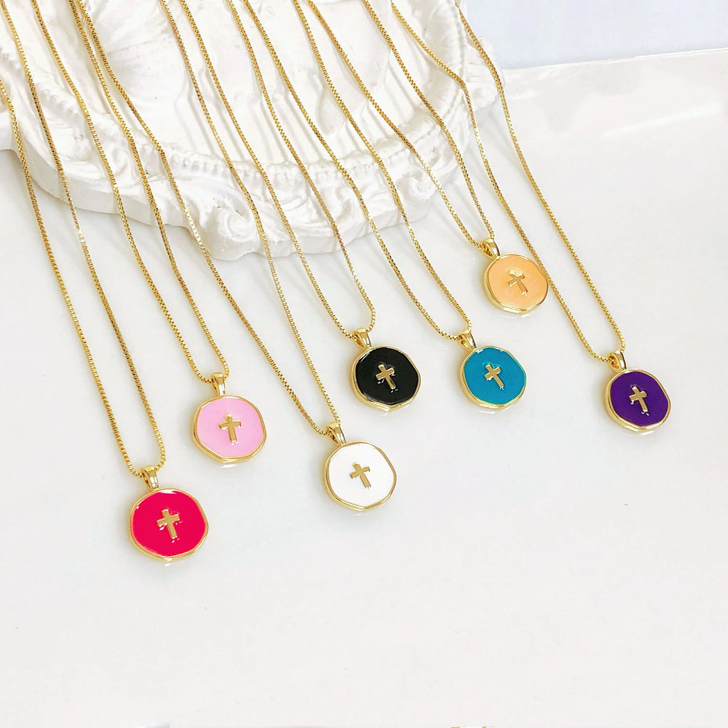 Simple Enamel Art Round Shape Cross Pendant Necklace Fashion for Men Women Daily Party Religious Jewelry Wedding Female Gift Qme