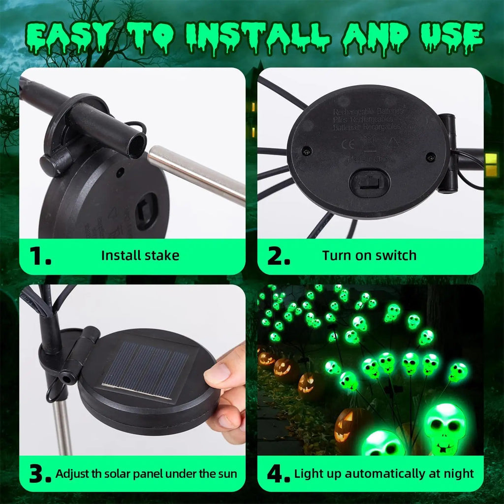 Solar Powered Skull Lights 6 LEDs Waterproof Decorative Stake Lamp Qme
