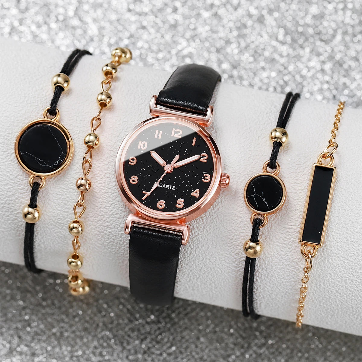 Relógio de quartzo feminino com mostrador céu estrelado, conjunto de pulseiras turquesa, pulseiras fashion, 5 peças Qme black