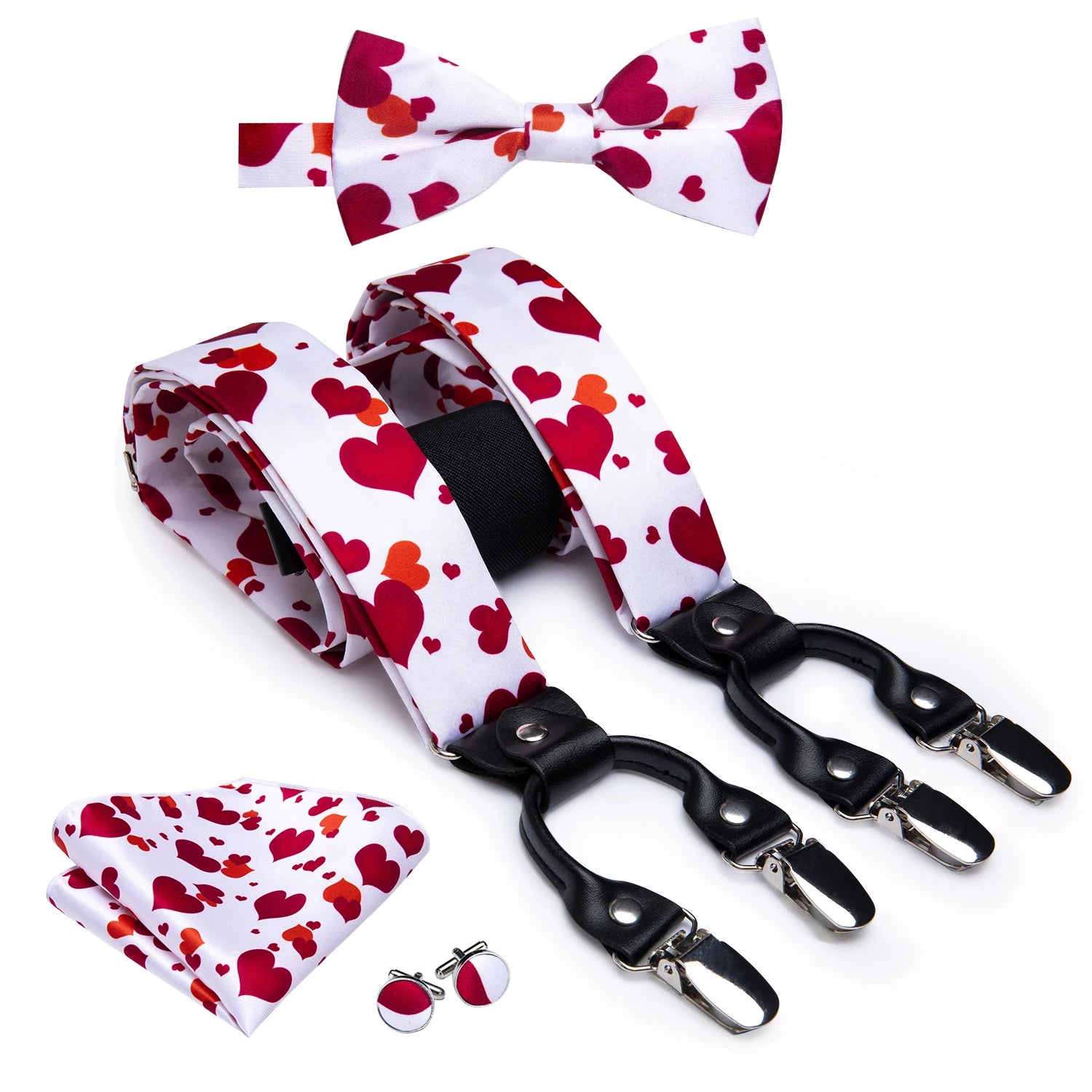Hi-Tie Silk Men's Suspender Metal 6 Clips on Braces Bow Tie Hankerchief Cufflinks Male Wedding Party Business Vintage Adjustable Qme BD-3044
