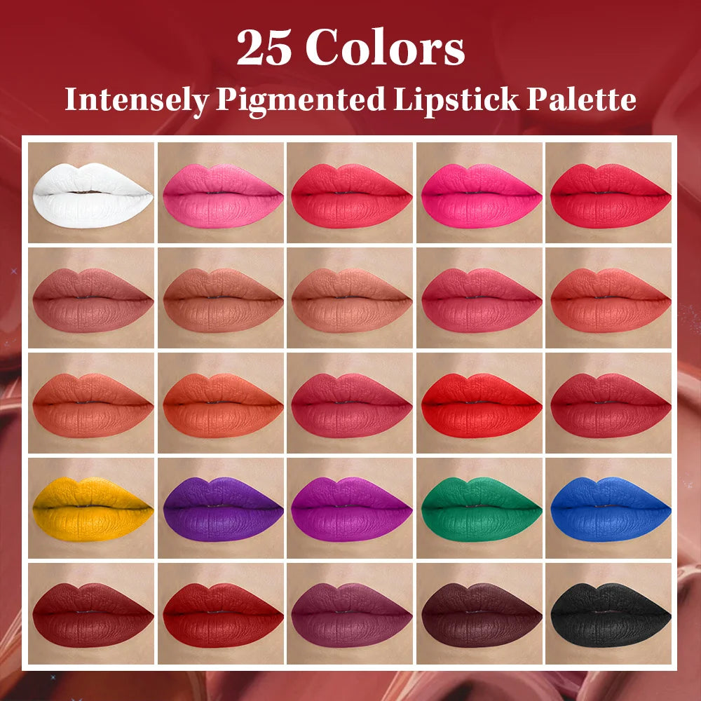 25 Colors Matte Lipstick Palette Lip Brush Long Lasting Waterproof Qme