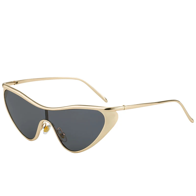 Vintage Cat Eye Sunglasses Women Luxury Brand Y2K Punk One-Piece Sun Glasses Shield Eyewear UV400 Shades Qme Gold Gray