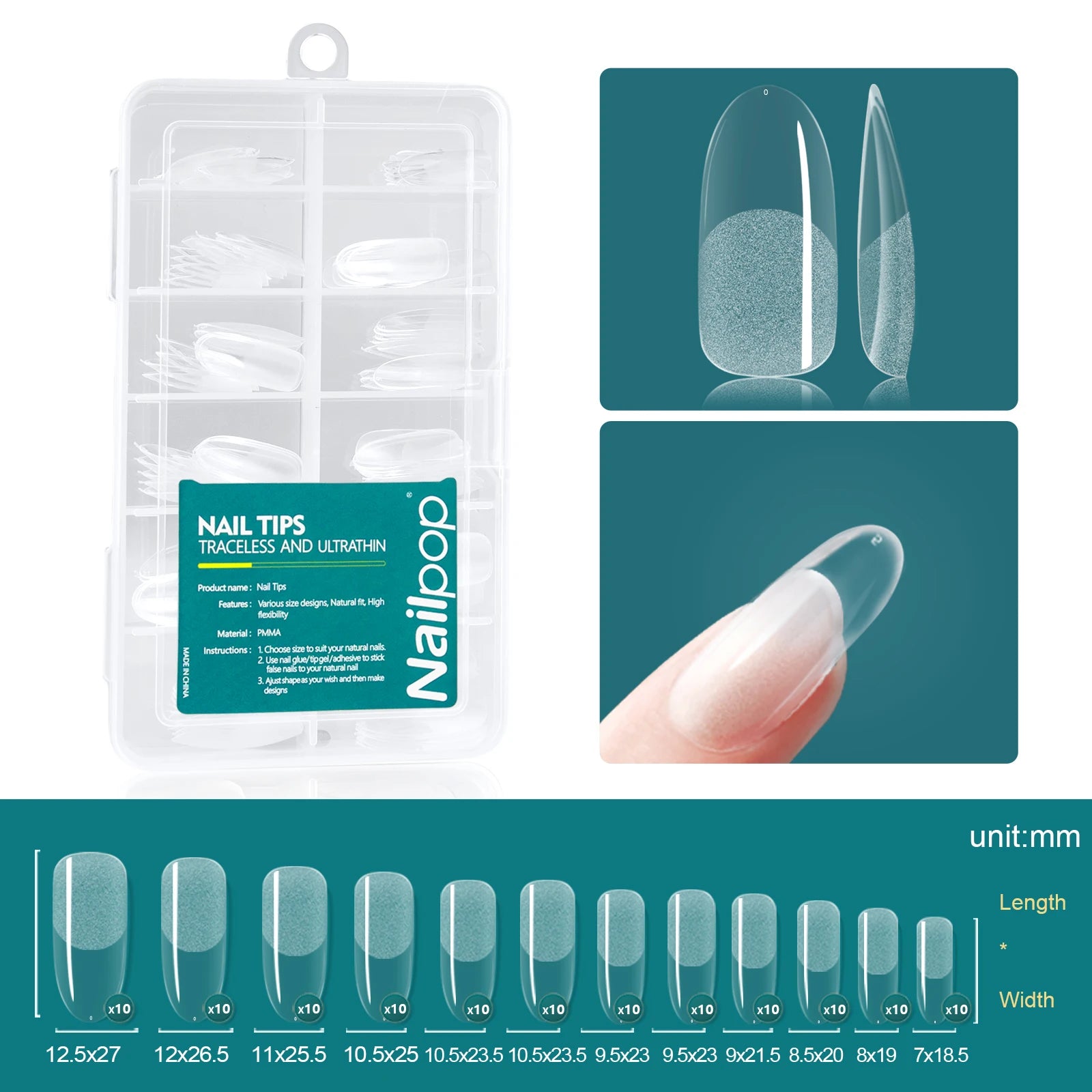 Nailpop False Nails Clear 12 Sizes Acrylic Full Cover Tips Reusable Qme M-Oval 120