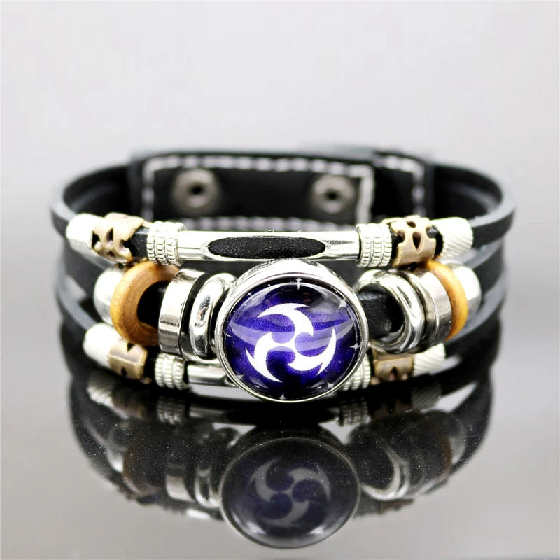 Luminous Genshin Impact Leather Bracelet Eye of God Water Wind Thunder Fire Rock Ice Element Snap Button Bracelets Jewelry Gift Qme
