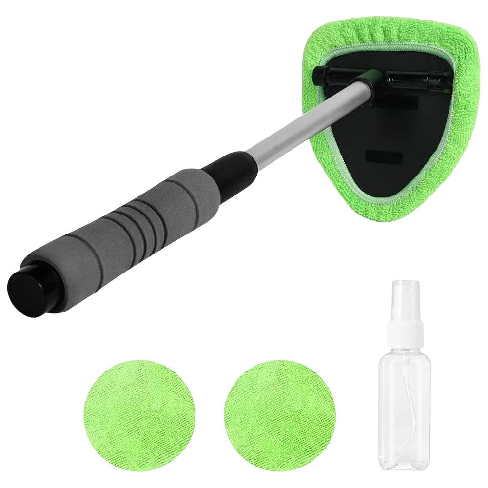 Car Glass Cleaner Windshield Cleaning Tool with 2 Microfiber Pads Windshield Washer Brush Extendable Handle for Car & Home Use Qme green