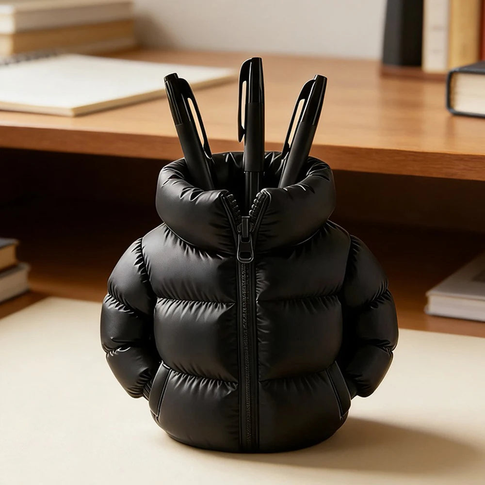 Down Jacket-Shaped Pen Holder Desktop Organizer for Stationery Makeup Brushes Home Office Shelf Decor, for Shool Gift Qme Black 7.5x8CM