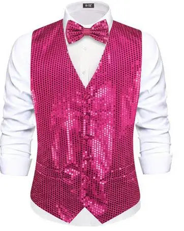 Men's Shiny Sequin Vest Matching Bow Tie 3 Vibrant Options Parties Qme 3237 L