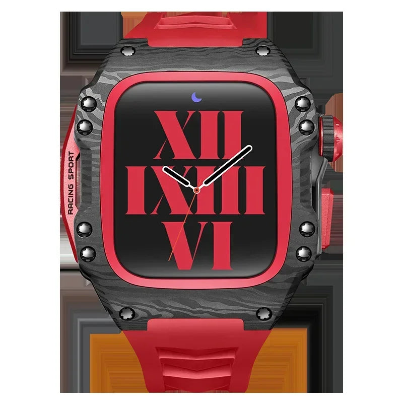 Modified Carbon Fiber Protective waterproof Case with Band strap Black metal bezel for iWatch Apple Watch series 7 8 9 44mm 45mm Qme Red 44mm-Series 6 5 4 SE