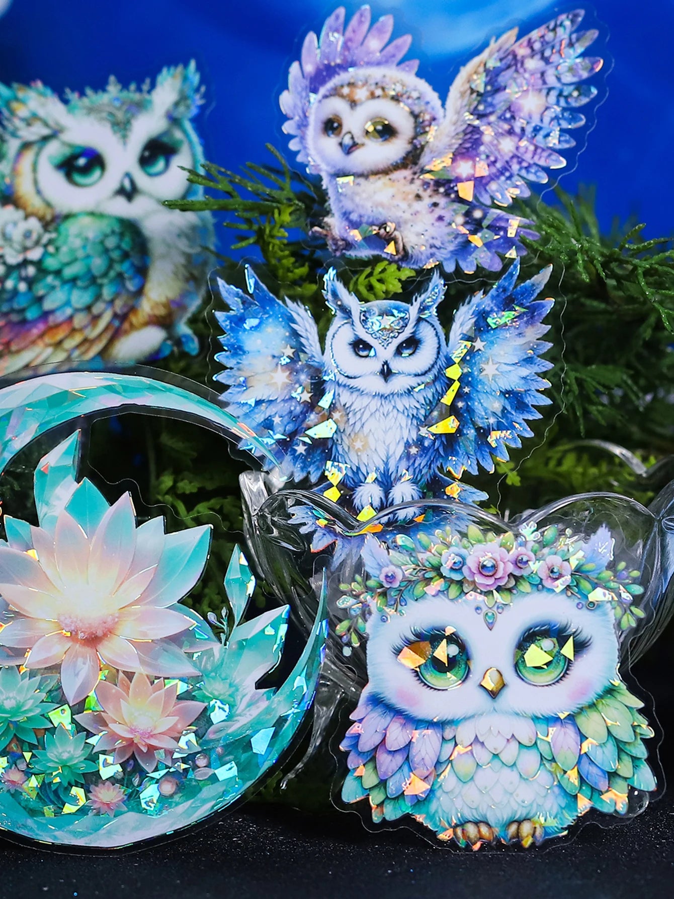 Sticker Pack 6pcs/bag PET Iridescent Owl Sticker Pack Handbook DIY Scrapbook & Journal Decoration Sticker Pack Qme