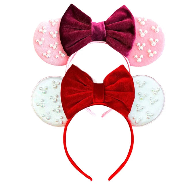 White Pearls Mickey Ears Hair Accessories for Girls Solid Color Soft Cotton Bow Headbands Women Minnie Mouse Hair Accessorie Qme Headband 12 1
