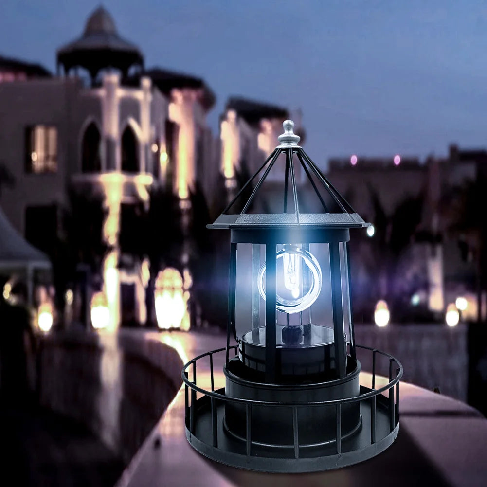 Lighthouse Shape Solar LED Lights Garden Lawn Outdoor Beam Rotating Beacon Lamps Qme