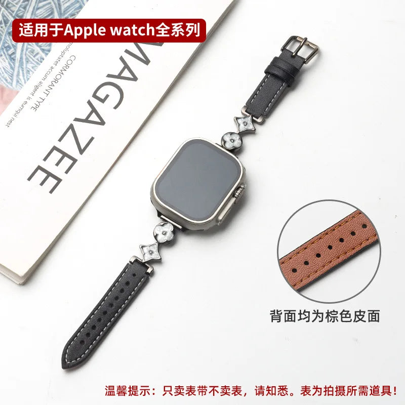 Applicable to iWatch10 strap Apple S9 watch AppleWatch metal four-leaf clover S8 leather S7S6 women's model Qme Silver with black Ap-3841S10-42mm