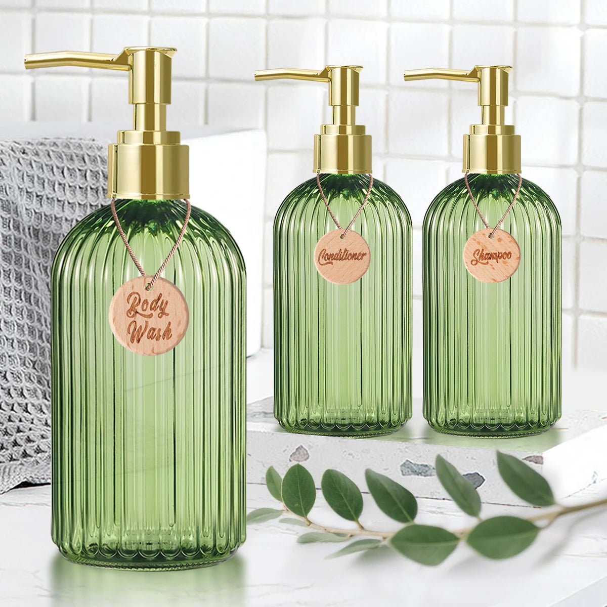 Reusable Shampoo Conditioner Body Wash Bottle Bathroom Shower Soap Dispenser with Wooden Tag Gold Bathroom Accessories Qme
