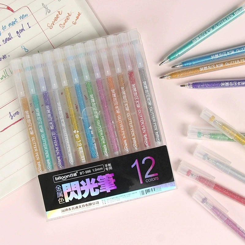 Metallic Glitter Gel Pens - Pens For Scrapbook, Journals or Drawing DIY Projects - Colored Metallic 1.0mm Ink - 12 Pack Qme 12 colors
