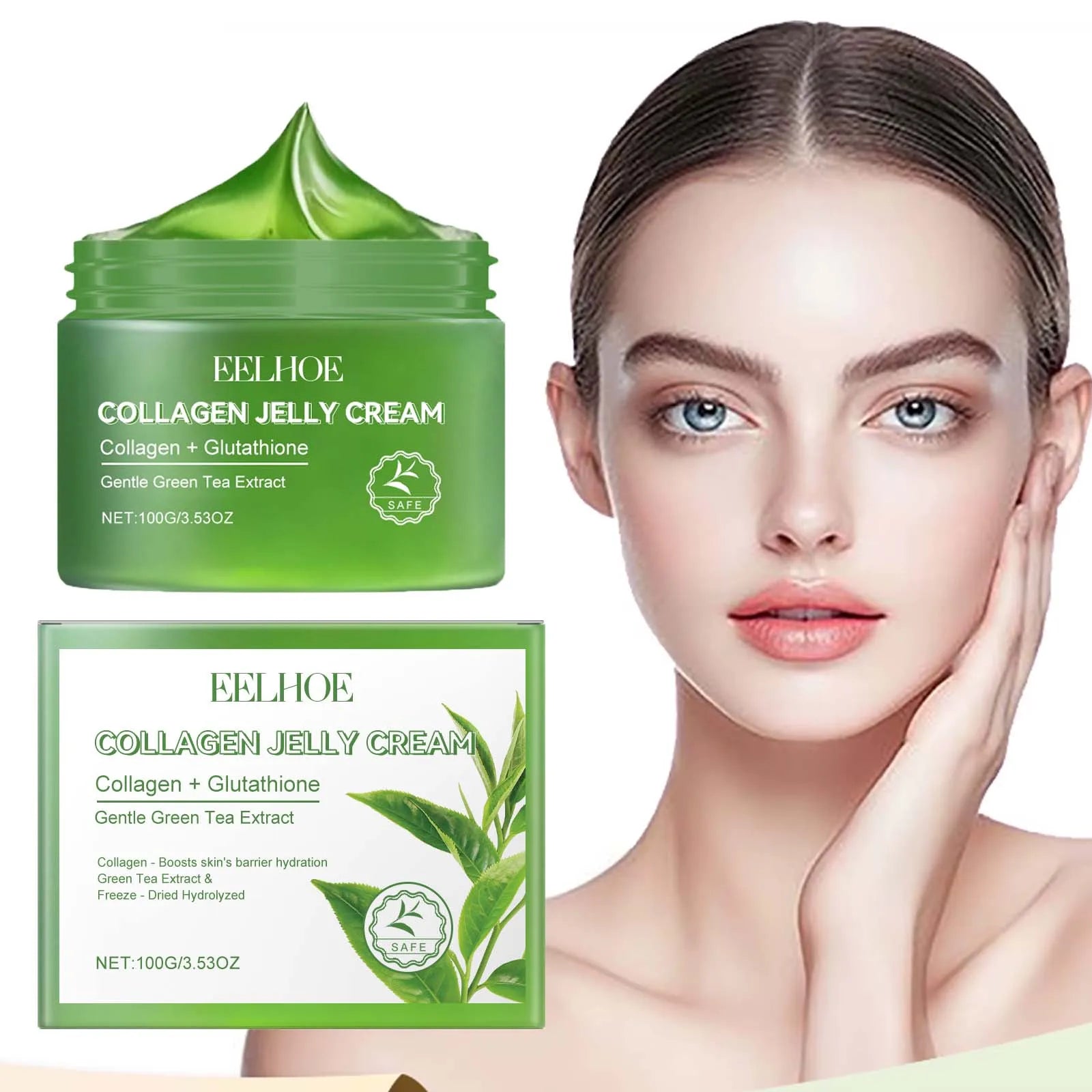 Green Tea Collagen Jelly Cream Gentle Moisturizing Soothing Shrink Pores Smooth Wrinkles Rejuvenating Facial Skin Care Gel Cream Qme