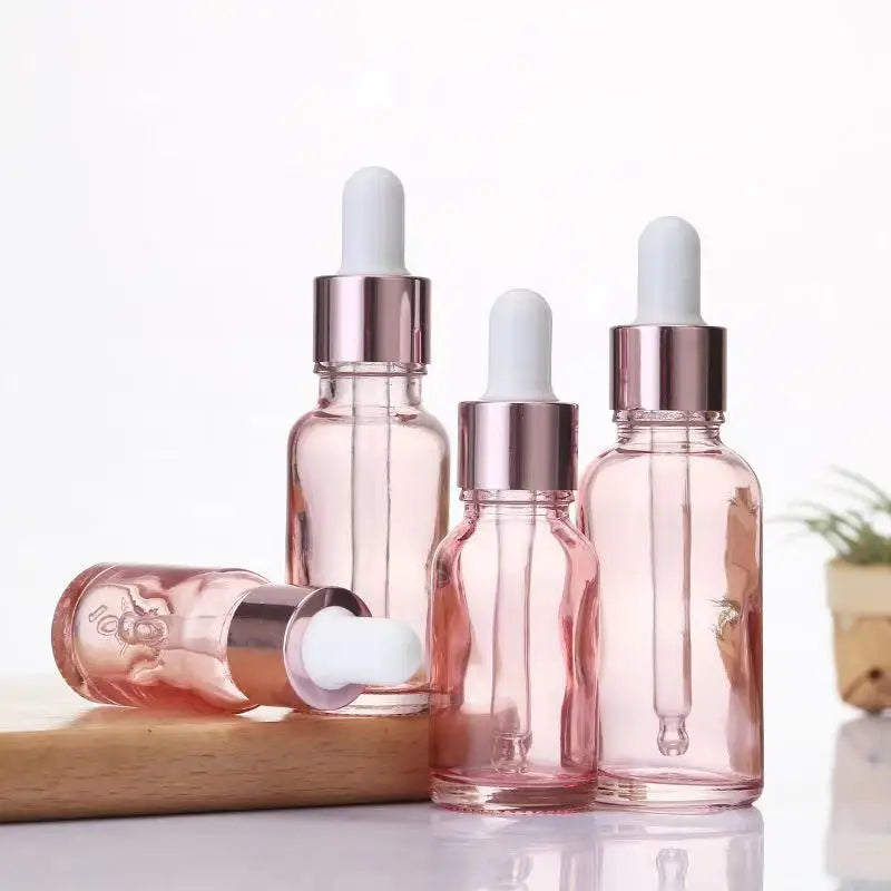 Dropper Bottles Refillable 5- Rose Lid Cosmetic Container Pink Glass Qme