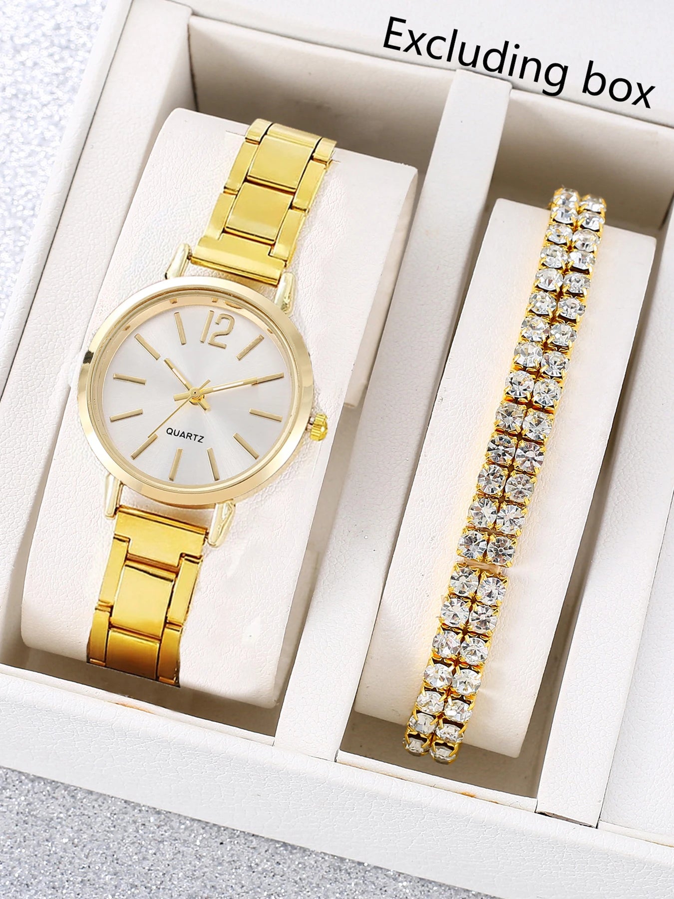 Simple Large Number Silver Steel Watch Full Crystal Tennis Bracelet Set Qme Coffee