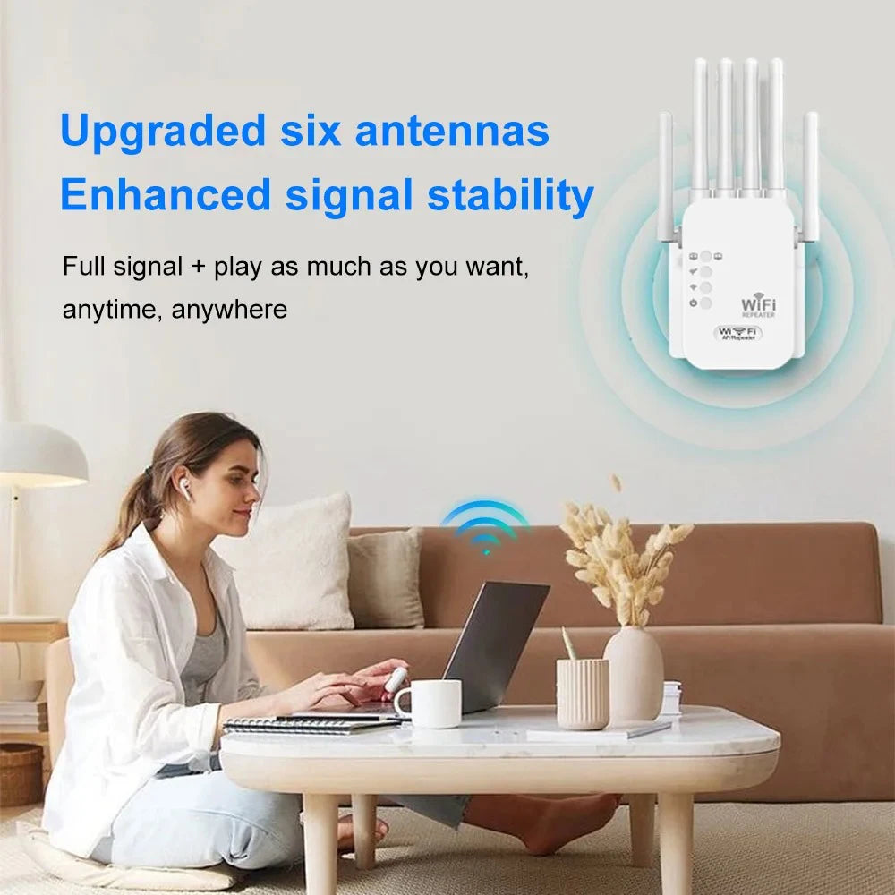 Dual Band Wireless WiFi Signal Extender 300/1200Mbps 2.4G/5G Wireless Repeater with 6 Antennas EU/US Plug Home Network Booster Qme