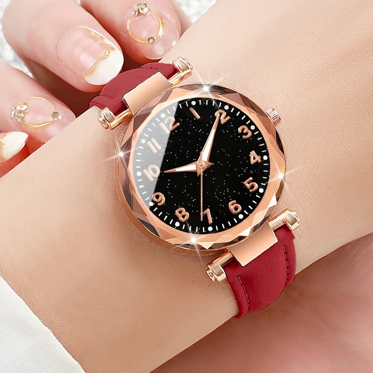 5pçs moda céu estrelado dial relógios femininos simples casual pulseira de couro mulher relógio de quartzo reloj mujer presente Qme 4