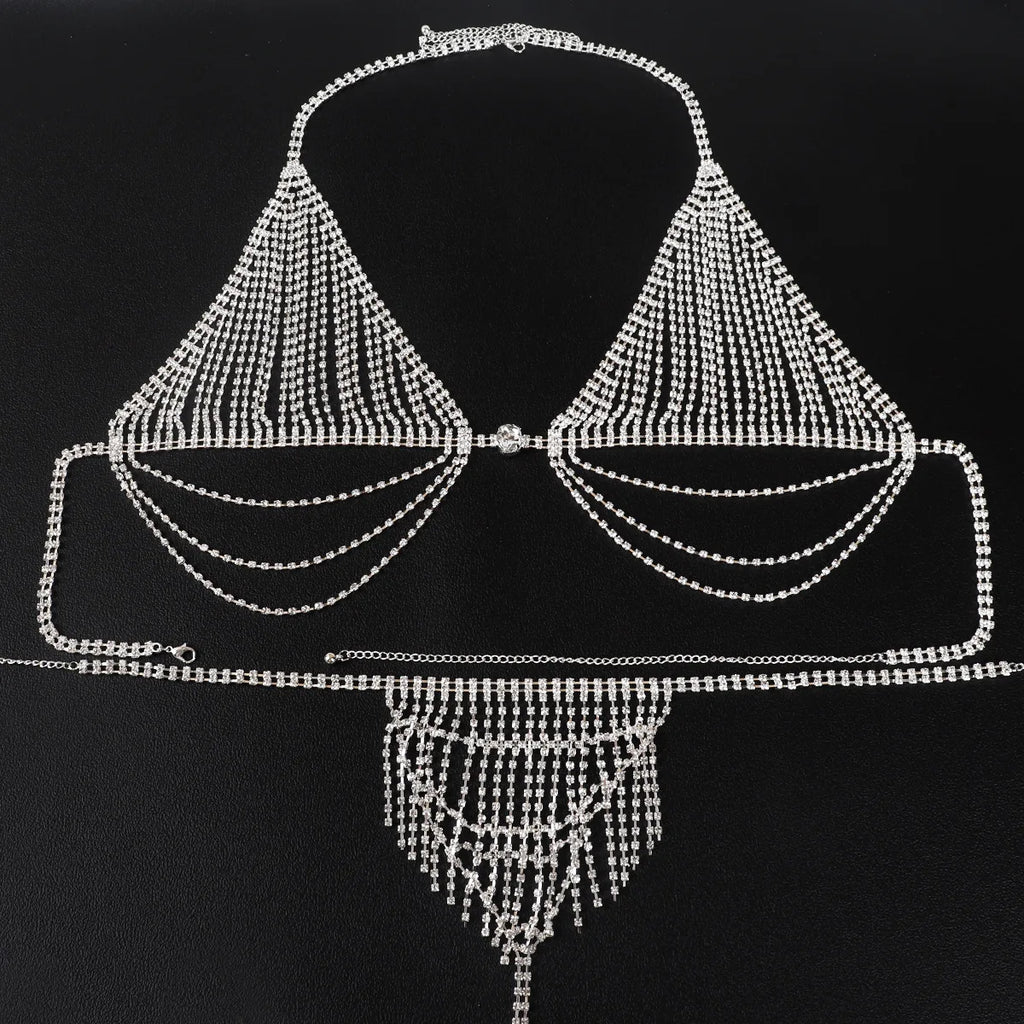 Flash Diamond Breast Chain Rhinestone Tassel Sexy Bikini Body Qme siliver set