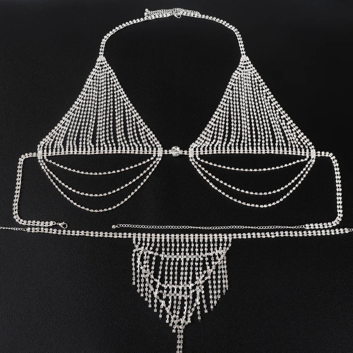 Flash Diamond Breast Chain Rhinestone Tassel Sexy Bikini Body Qme siliver set