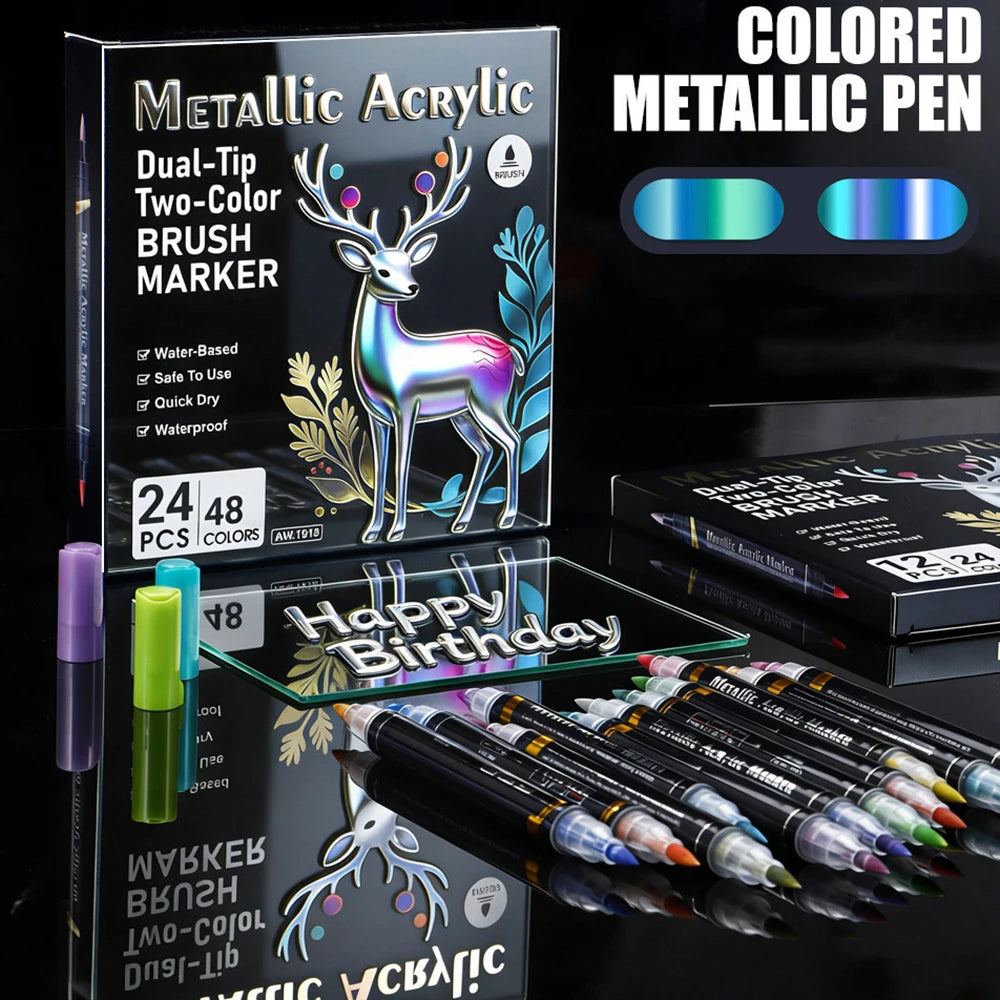 6-24 Pcs Dual Ended Metallic Acrylic Marker Two-color Touch-up Pen Waterproof Permanent for DIY Craft Drawing Graffiti Art Qme