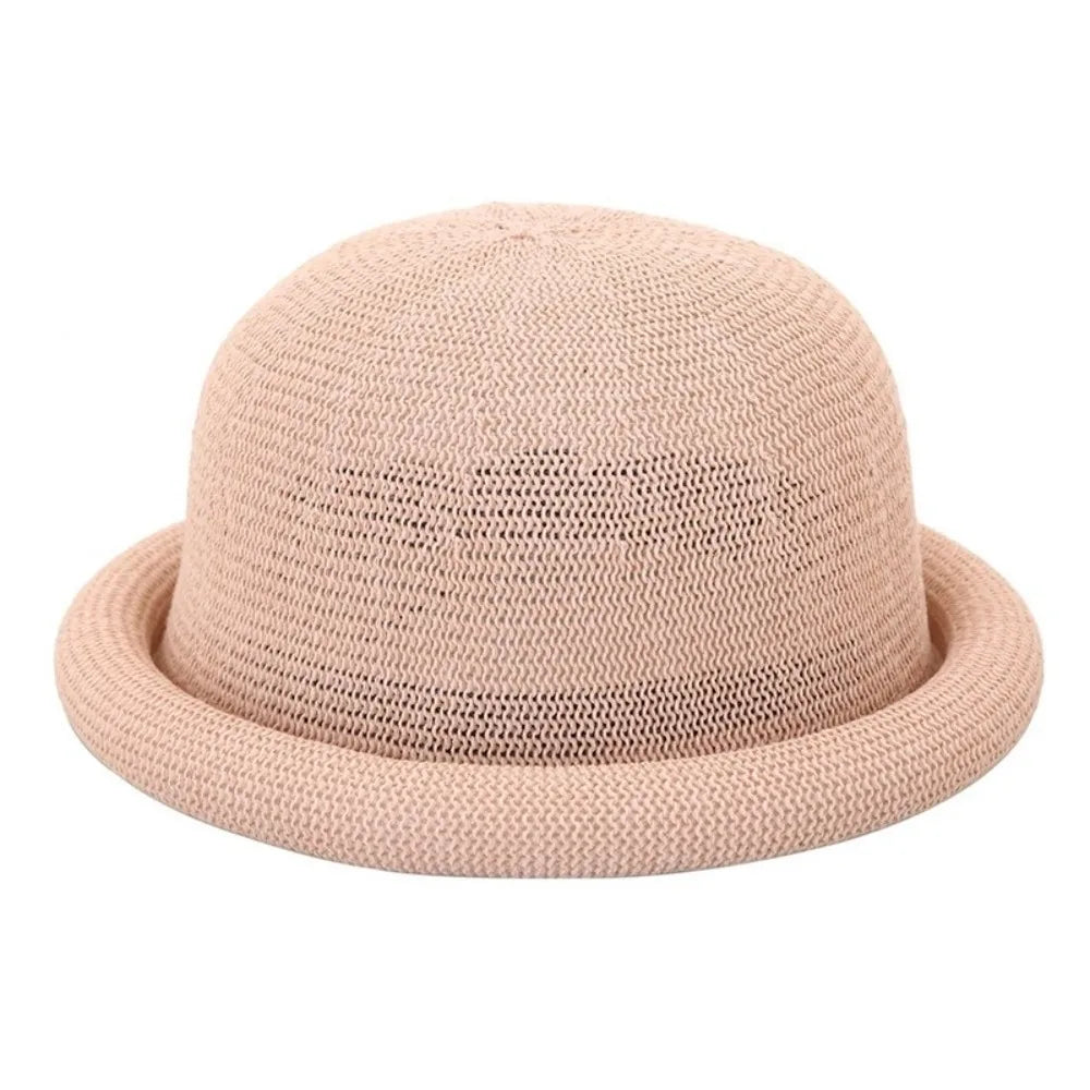 Casual Solid Bucket Hat Cotton Linen Rolled-brimmed Fedora Breathable Qme Pink
