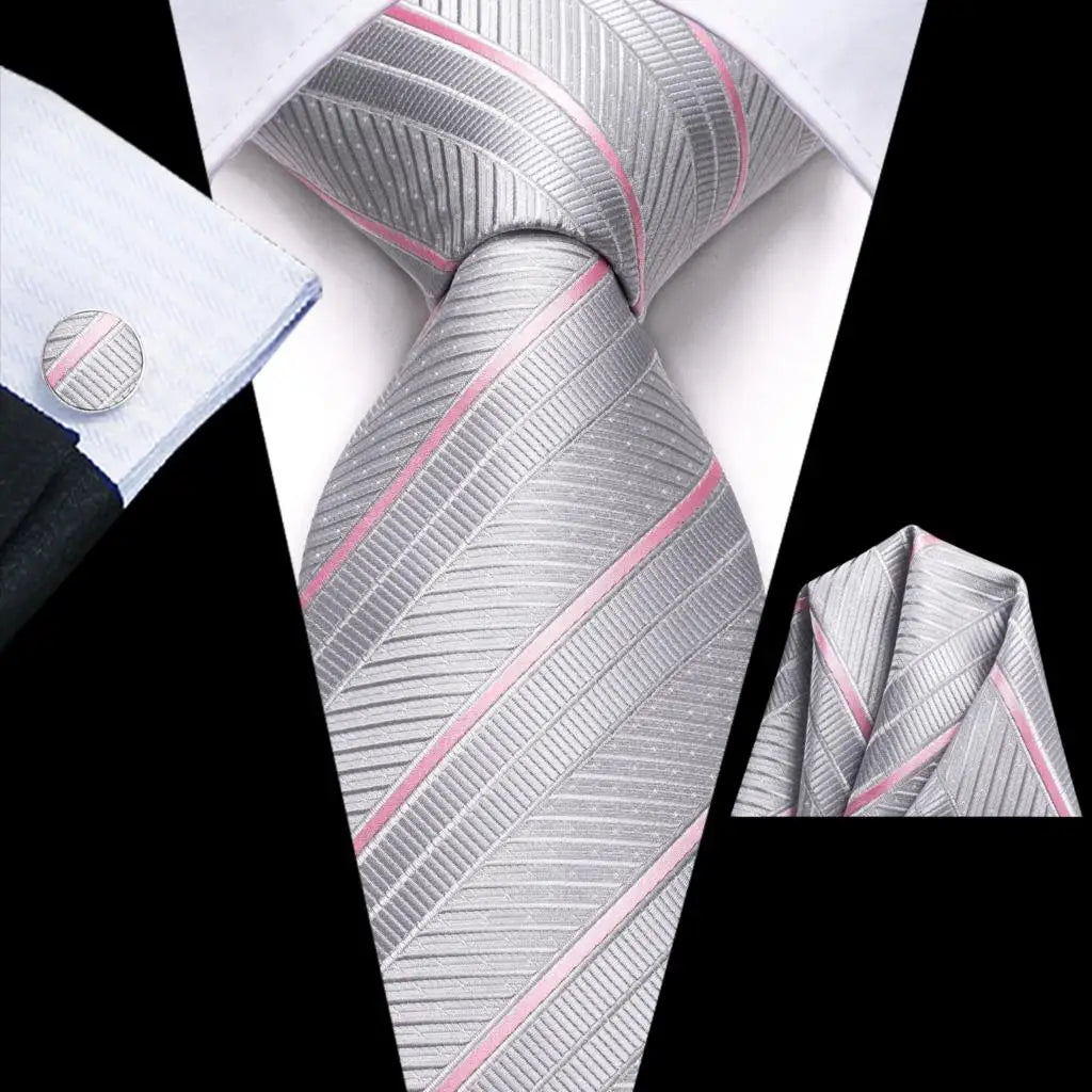 Hi-tie Striped Navy Blue Mens Fashion Necktie Handkerchief Cufflinks