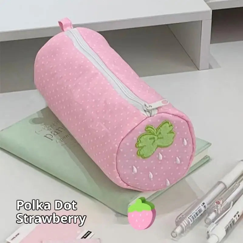 Cream Strawberry Polka Dot Pink Pencil Case Student Stationery Back Qme A1