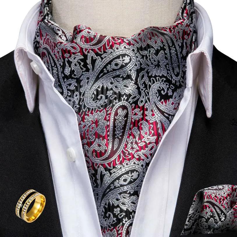 Ascot Tie Set, Classic Cravat with Pocket Square & Decorative Ring, Fashion Men's Neck Accessories Wedding Party silk Daily Wear Qme AS-1003-JZ0020
