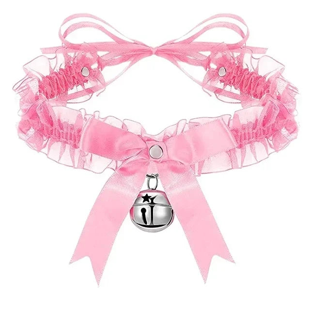 Lace Aesthetic Necklace Bow Knot Bell Choker Women's Cute Collar Qme Pink