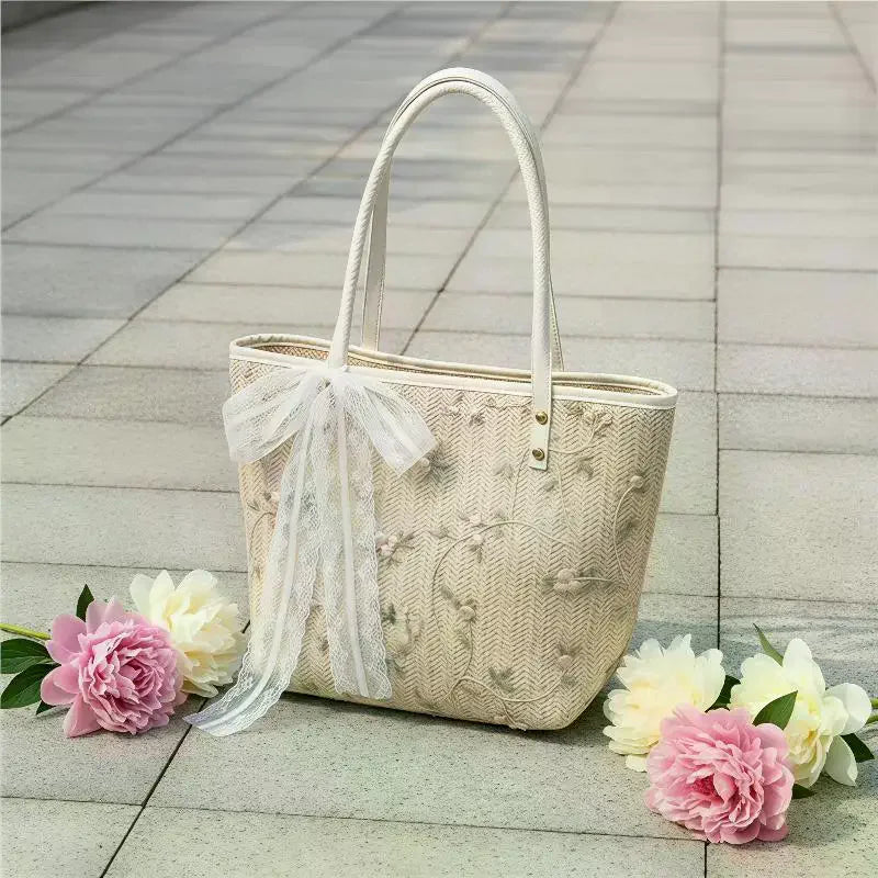 Woven Straw Tote Bag With Floral Embroidery And Lace Bow Detail Shoulder Bag Perfect For Daily Commute Beach Trips Shopping Qme