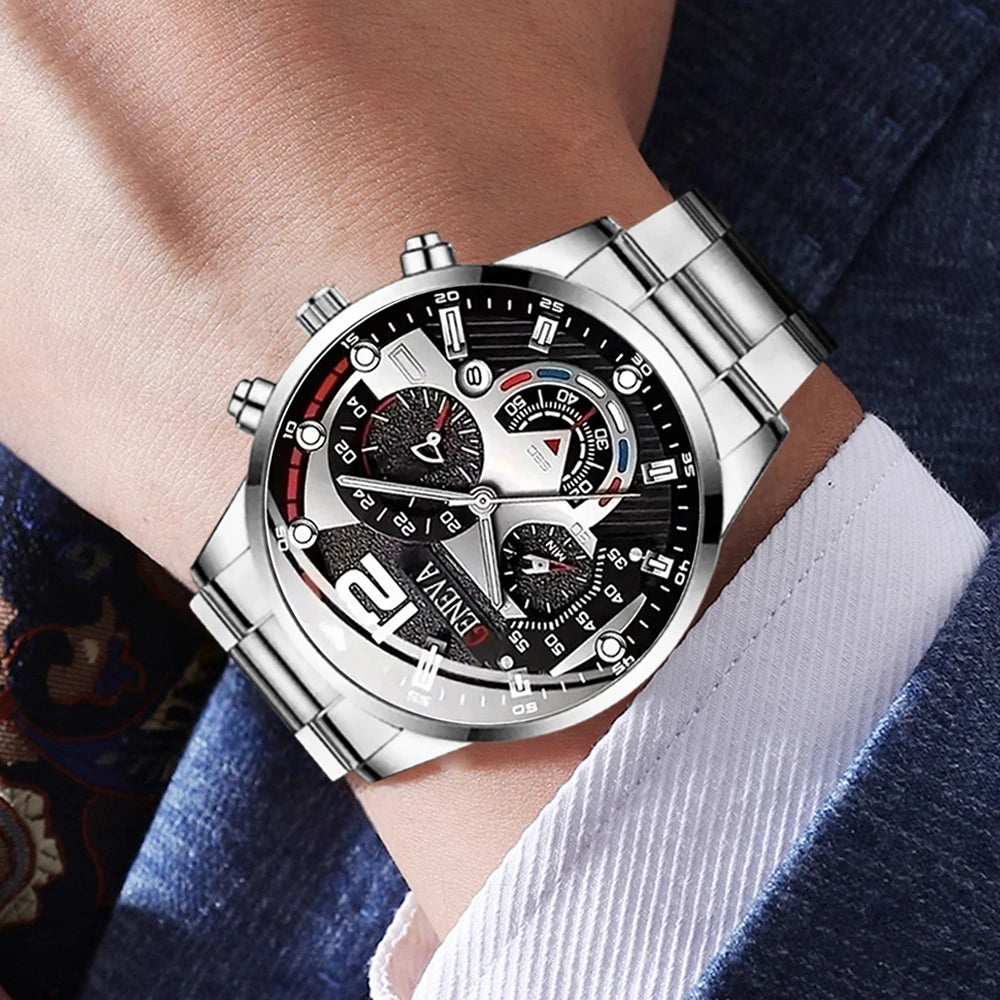 Geneva Three-Window Large Dial Men's Steel Band Sports Quartz Watch, Silver and Black Business Casual Men's Watch Qme