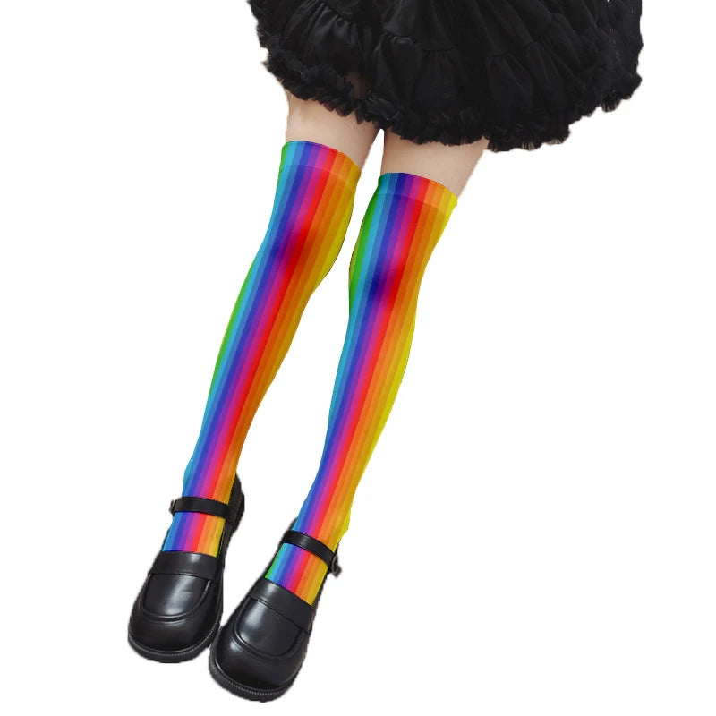 Fun Rainbow Striped Stockings Women's Sexy Fashion Multicolor Thigh Qme style6 One Size