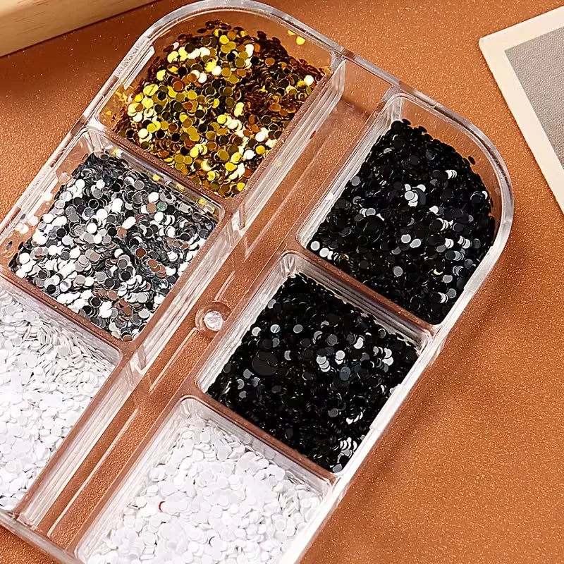 6-compartment Mixed-size Round Nail Art Glitter DIY Charm Decorations Qme