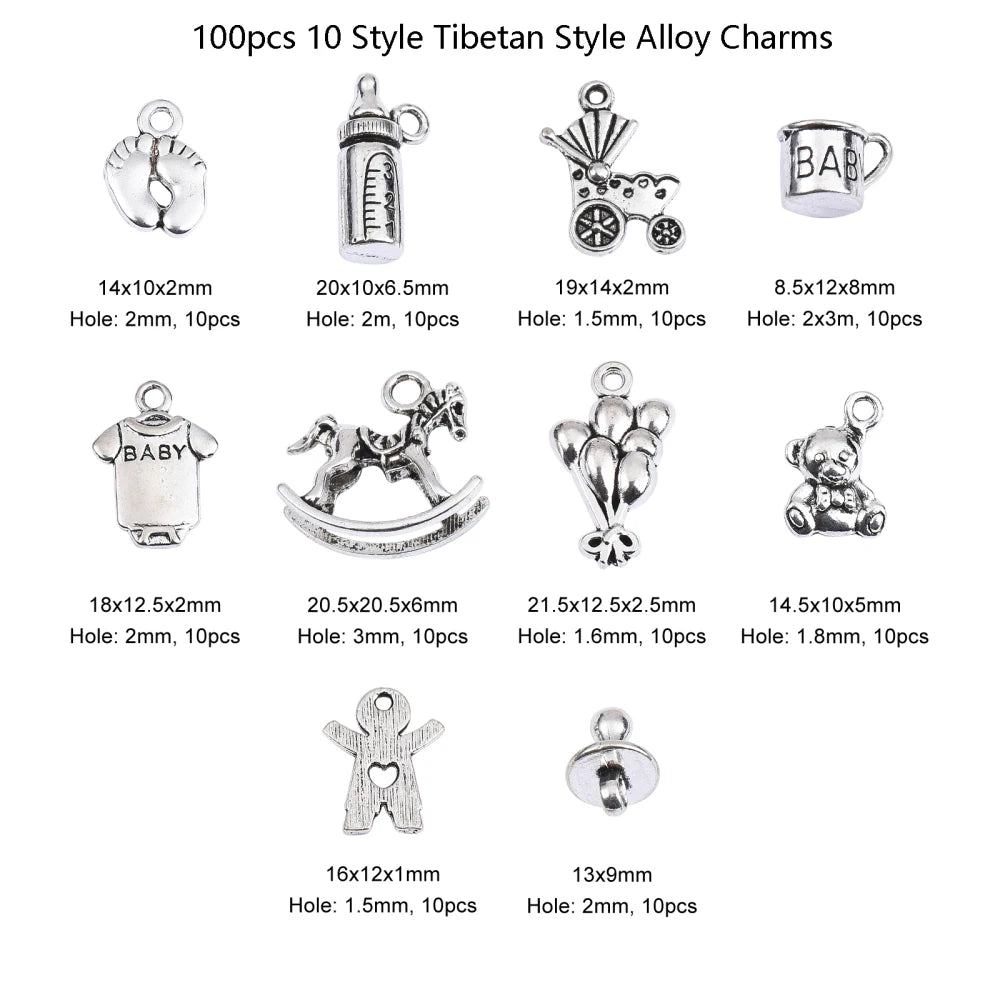 100pcs Baby Theme Charms Alloy Rocking Horse Baby Bottle Ginger Bread Man Toy Tibetan Baby Charms for Jewelry Making Bracelets Qme