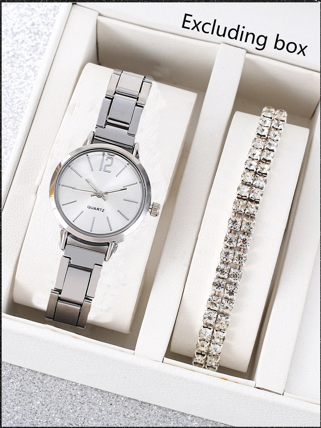 Simple Large Number Silver Steel Watch Full Crystal Tennis Bracelet Set Qme Bronze