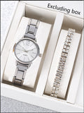 Simple Large Number Silver Steel Watch Full Crystal Tennis Bracelet Set Qme Bronze