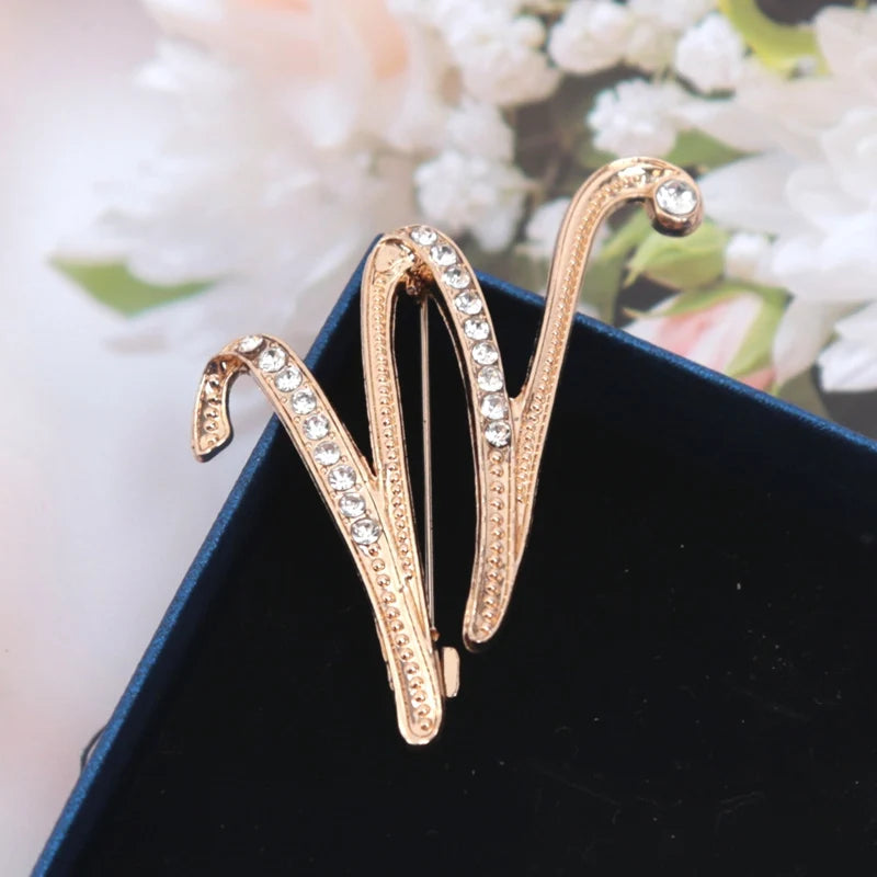 Fashion Women Rhinestone Brooch A-z English Letter Gold Metal Pins Qme W
