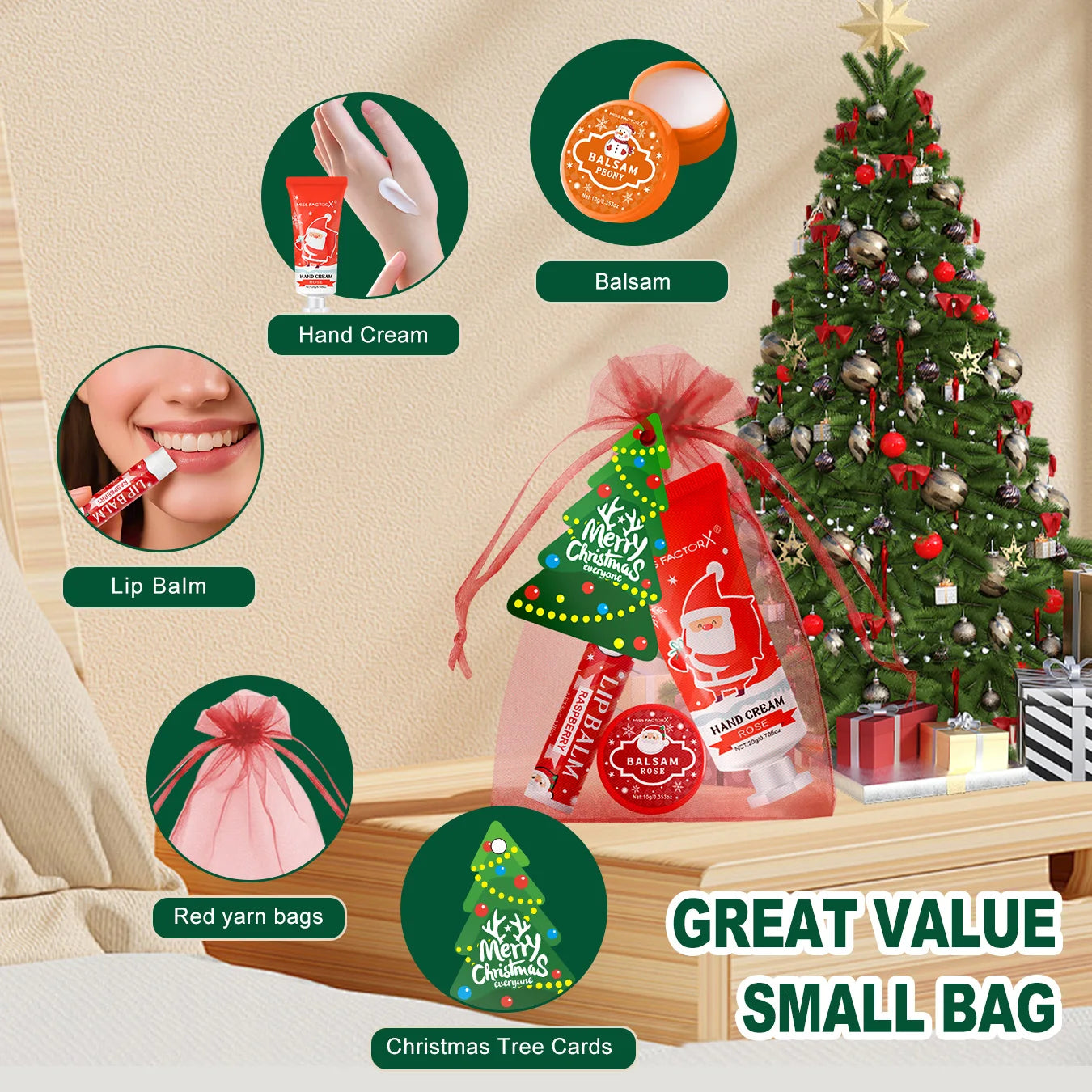 Christmas assembly gift set -20 sets, including balm, hand cream, lipstick, red gauze bag, Christmas tree thank you card Qme