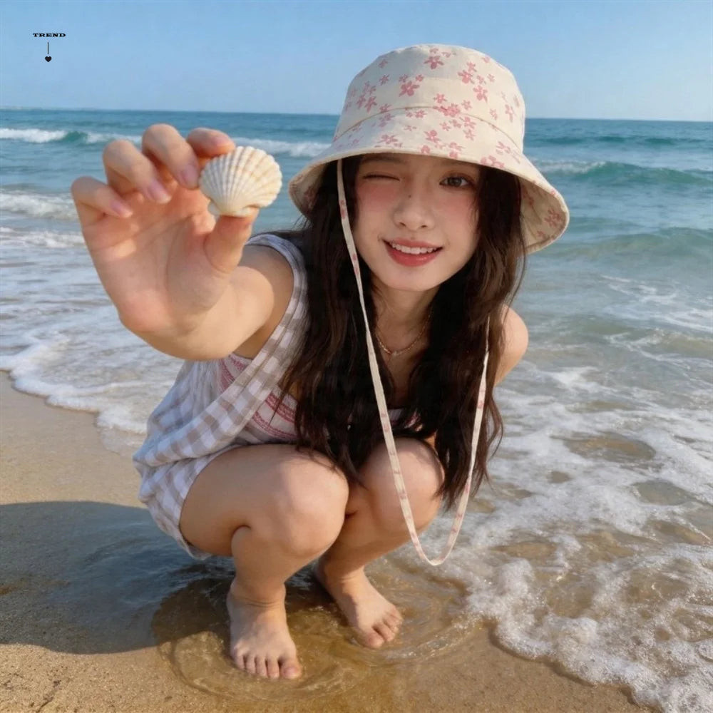 Cute Polyester Floral Print Bucket Hat Double Sided Adjustable Sun Hat Wide Brim Foldable Basin Cap Women Qme
