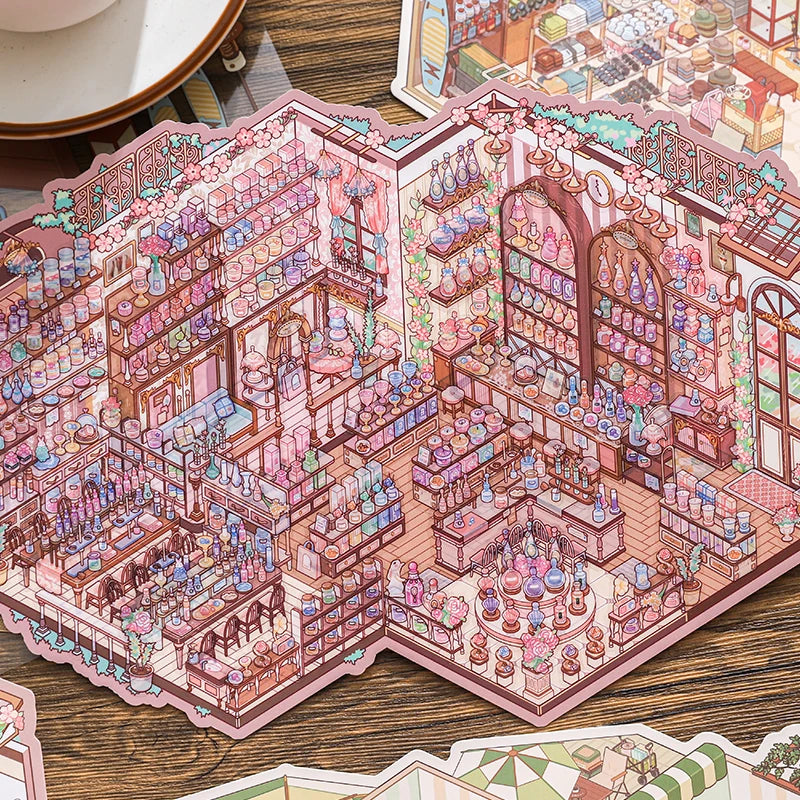 4 Pcs Creative Cartoon 3D Landscape Sticker Book DIY Cabin Scene Sticker Miniature House Sticker Cabin Scene Stationery stickers Qme 2B-8 Pcs