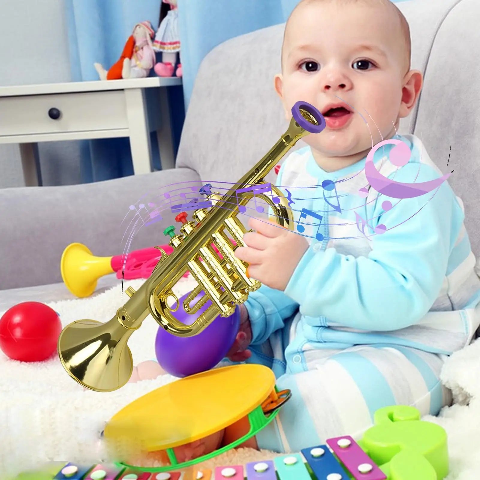 Kids Trumpet Children's Preschool Music Inspire Toys Horn Musical Instrument with 4 Color Keys Fun Music Toy for Children Qme