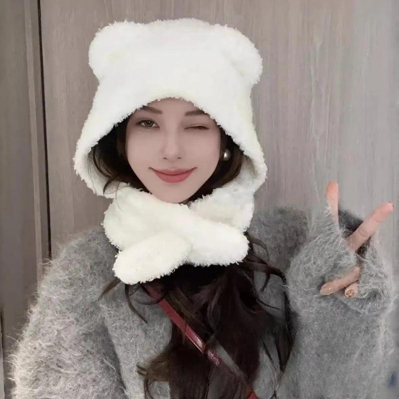 Versatile Knitted Warm Neck Scarf Integrated Bear Ear Protection Hat Qme