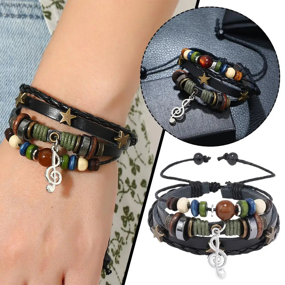 Handmade Hippie Design Brown Leather Bracelet Women Metal Star Note Charms Wood Button Beads Wrap Unisex Adjustable Bracelet Qme A