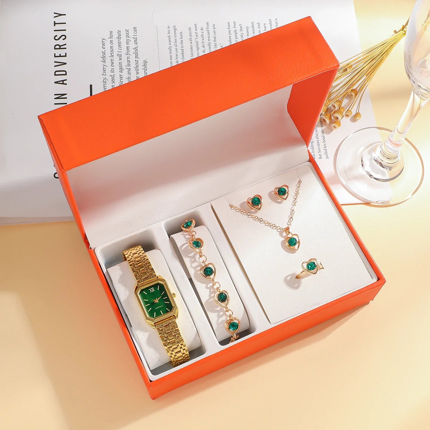 Fashion Light Luxury Square Dial Alloy Strap Women's Quartz Watch Jewelry Set 6 Piece Set for Holiday Gifts Qme